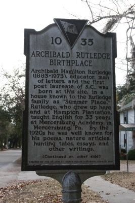 Archibald Rutledge Birthplace Marker - Side A image. Click for full size.