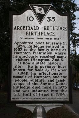 Archibald Rutledge Birthplace Marker - Side B image. Click for full size.