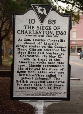 The Siege of Charleston, 1780 Marker, reverse side image. Click for full size.