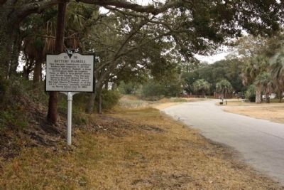 Battery Haskell Marker, looking east along Schooner Drive. Click for full size. Battery Haskell Marker, looking east along Schooner Drive image. Click for full size.