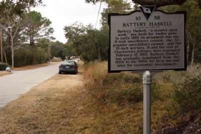Battery Haskell Marker, looking west on Schooner Drive. Click for full size. Battery Haskell Marker, looking west on Schooner Drive image. Click for full size.