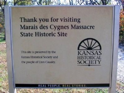 Marais des Cygnes Massacre SHS Trail Marker 12. Click for full size. Marais des Cygnes Massacre SHS Trail Marker 12 image. Click for full size.