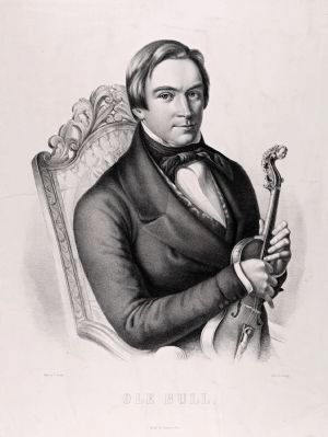 Ole Bull lithographic portrait with violin image. Click for full size.