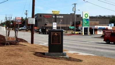 Deputy Marcus L. Whitfield Marker -<br>Waffle House Where Shooting<br>Took Place in Distance image. Click for full size.
