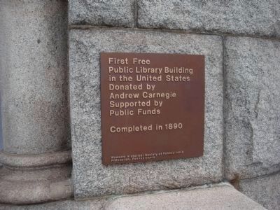 First Free Public Library Building in the US plaque image. Click for full size.