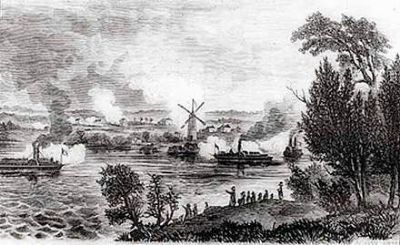 View of the Battle of Windmill Point, below Prescott, Upper Canada. image. Click for full size.