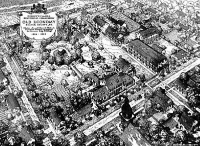 1938 aerial drawing of Old Economy Village. Click for full size. 1938 aerial drawing of Old Economy Village image. Click for full size.