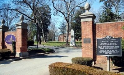 Converse College Marker -<br>Founder's Monument in Rear Center<br>Metal Plaque on Right Column Reads image. Click for full size.