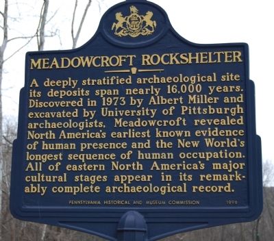 Meadowcroft Rockshelter Marker. Click for full size. Meadowcroft Rockshelter Marker image. Click for full size.