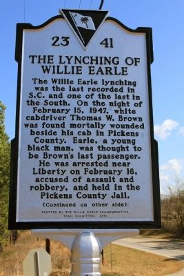 The Lynching Of Willie Earle Marker (front) image. Click for full size.