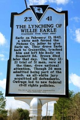 The Lynching Of Willie Earle Marker (reverse) image. Click for full size.