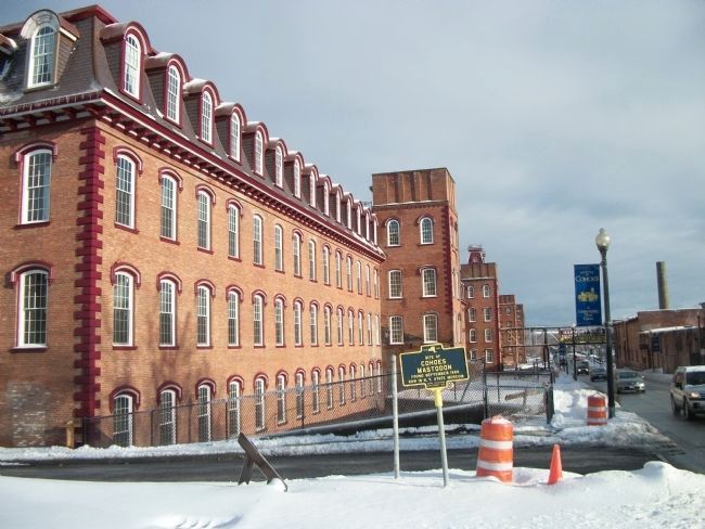 Cohoes Mastodon Marker - Harmony Mill in Background image. Click for full size.