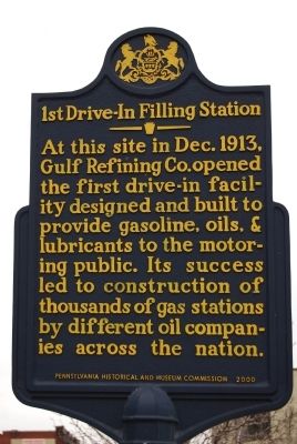 1st Drive-In Filling Station Marker. Click for full size. 1st Drive-In Filling Station Marker image. Click for full size.