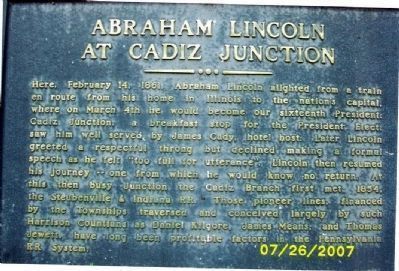 Abraham Lincoln at Cadiz Junction Marker image. Click for full size.