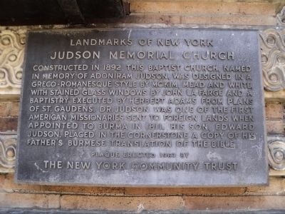 Judson Memorial Church Marker. Click for full size. Judson Memorial Church Marker image. Click for full size.
