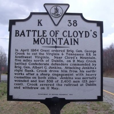 Battle of Cloyd's Mountain Marker. Click for full size. Battle of Cloyd's Mountain Marker image. Click for full size.