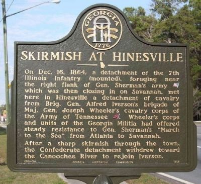 Skirmish at Hinesville Marker image. Click for full size.
