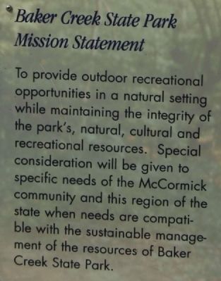 Welcome to Baker Creek State Park Marker -<br>Baker Creek State Park Mission Statement image. Click for full size.