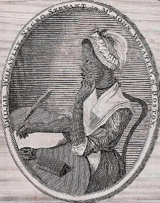 Phillis Wheatley, as illustrated by Scipio Moorhead in the Frontispiece to her book image. Click for full size.