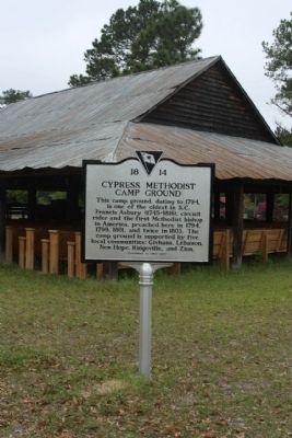 Cypress Methodist Camp Ground Marker with the “tabernacle,” the open-sided shelter image. Click for full size.