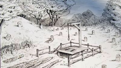 Artist rendition of the city gallows within the burial ground. Mike Odum Illustrator image. Click for full size.