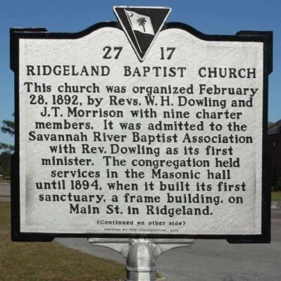 Ridgeland Baptist Church Marker image. Click for full size.