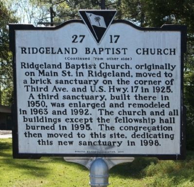 Ridgeland Baptist Church Marker, reverse side. Click for full size. Ridgeland Baptist Church Marker, reverse side image. Click for full size.