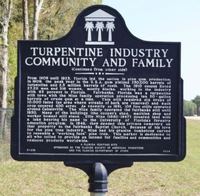 Turpentine Industry Community and Family Marker reverse image. Click for full size.