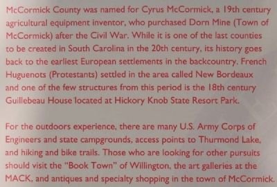 McCormick County Marker. Click for full size. McCormick County Marker image. Click for full size.