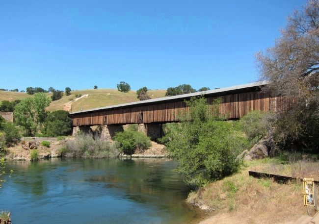 Knight's Ferry Covered Bridge, spanning the Stanislaus River (mentioned on marker) image. Click for full size.