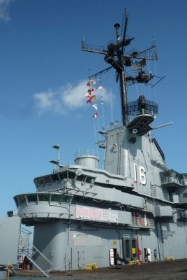 CV-16 - view of the carrier's island from her flight deck.. Click for full size. CV-16 - view of the carrier's island from her flight deck. image. Click for full size.