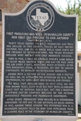 First Producing Gas Well in McMullen County and First Gas Pipeline to San Antonio Marker. Click for full size. First Producing Gas Well in McMullen County and First Gas Pipeline to San Antonio Marker image. Click for full size.
