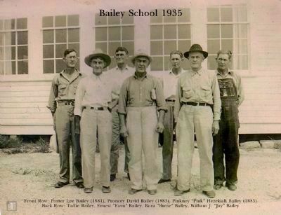 Sons of William Monroe Bailey, who built Bailey School, standing in front of Bailey School in 1935 image. Click for full size.