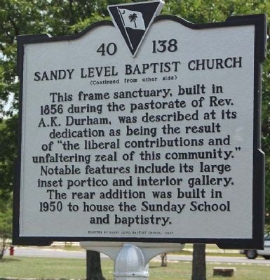 Sandy Level Baptist Church Marker, reverse side image. Click for full size.