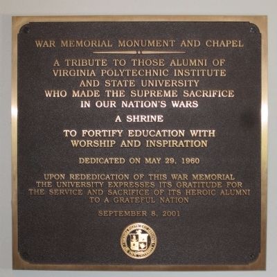 War Memorial Monument and Chapel rededication plaque image. Click for full size.
