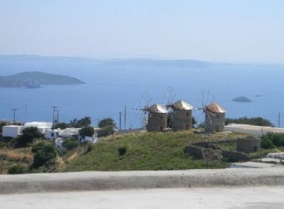 Patmos' windmills - with the Aegean Sea beyond. Click for full size. Patmos' windmills - with the Aegean Sea beyond image. Click for full size.