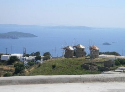 Patmos' windmills - with the Aegean Sea beyond image. Click for full size.