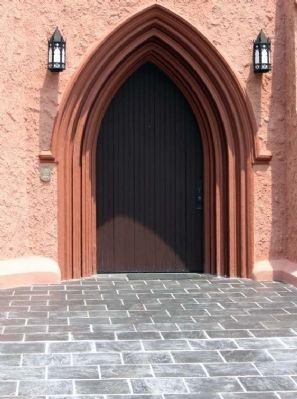 Church of the Holy Cross National Register of Historic Places medallion at doorway leftside image. Click for full size.