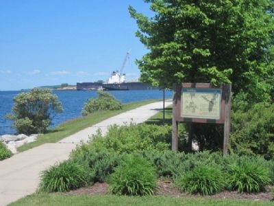 The Old Bridge Marker and Lake Freighter at Bay Shipbuilding image. Click for full size.