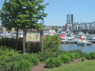 The Old Bridge Marker and downtown bridge under repair image. Click for full size.