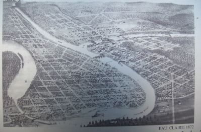 Closeup of 1872 Bird's-Eye View of Eau Claire on Marker image. Click for full size.