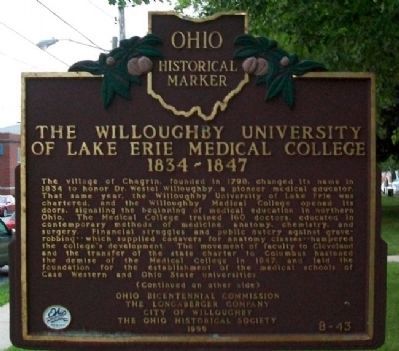 The Willoughby University of Lake Erie Medical College 1834-1847 Marker (Side A) image. Click for full size.