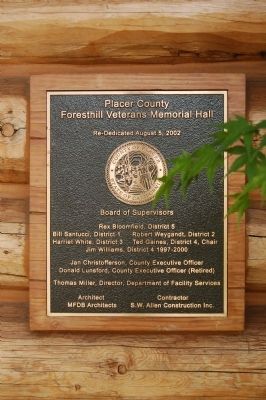 Foresthill Veterans Memorial Hall Plaque image. Click for full size.