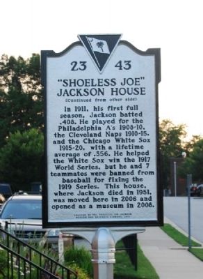 "Shoeless Joe" Jackson House Marker <br>Reverse image. Click for full size.