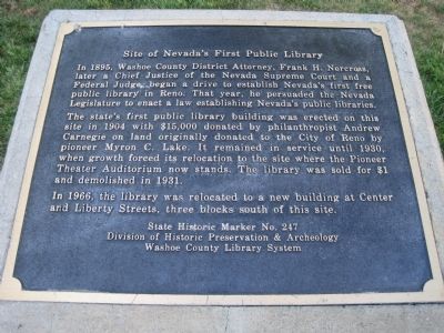 Site of Nevadas First Public Library Marker image. Click for full size.