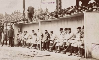 The Pittsburgh Pirates in the dugout at the Huntington Avenue Grounds, 1903 World Series image. Click for full size.