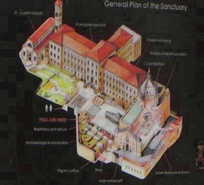 Sanctuario di Nazareth (map of the sanctuary posted on the west wall of the compound). Click for full size. Sanctuario di Nazareth (map of the sanctuary posted on the west wall of the compound) image. Click for full size.