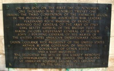 Liberty Memorial Dedication Site Marker. Click for full size. Liberty Memorial Dedication Site Marker image. Click for full size.