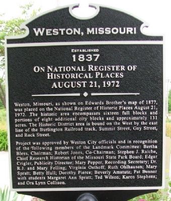 Weston, Missouri Marker. Click for more information. Weston, Missouri Marker image. Click for more information.
