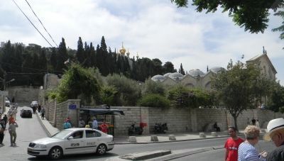 Jerico Road with the Garden of Gethsemane and the Basilica behind the stone wall image. Click for full size.